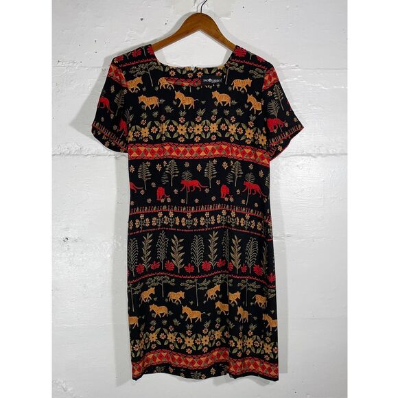 Vintage Sag Harbor Petite 10P Animal Print Black Shift Dress Tigers Lions Floral - Picture 2 of 12